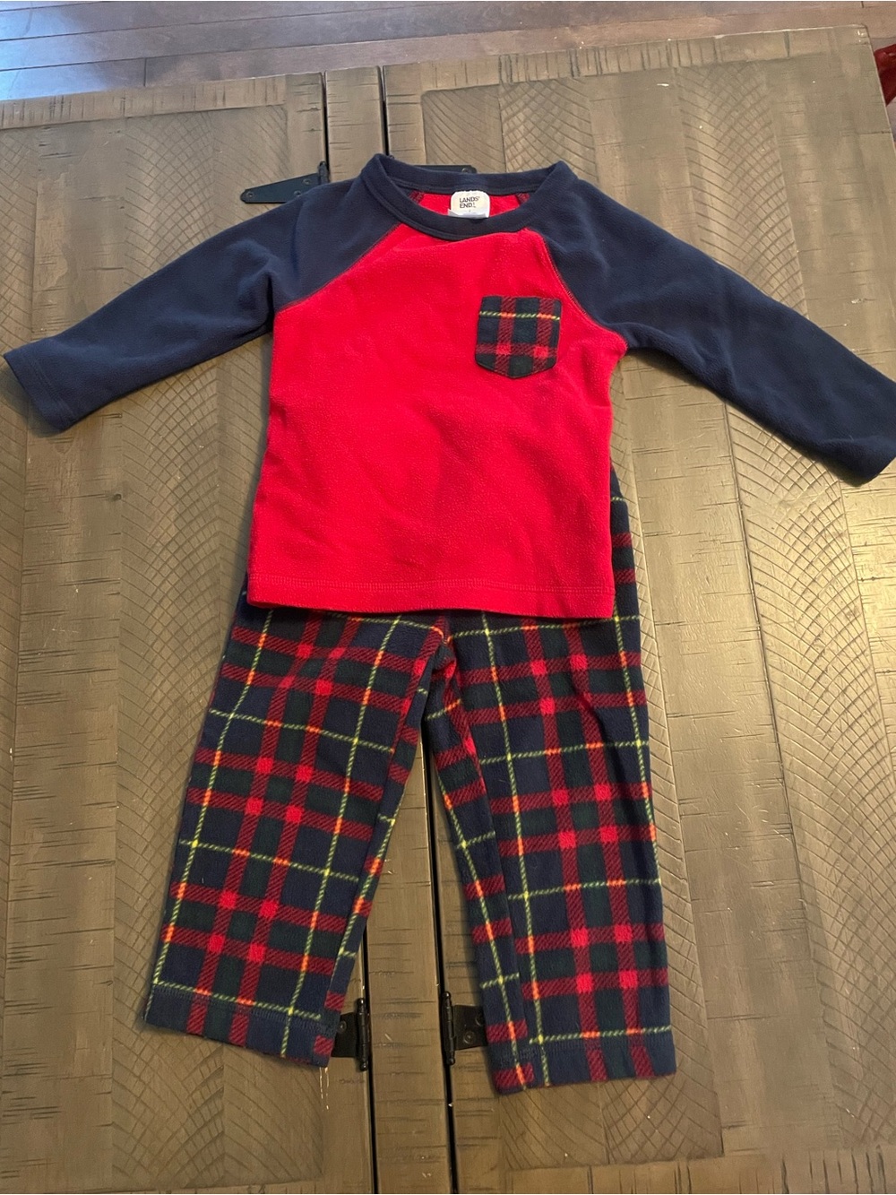 Lands' End Red and Navy Plaid Fleece Pajama Set